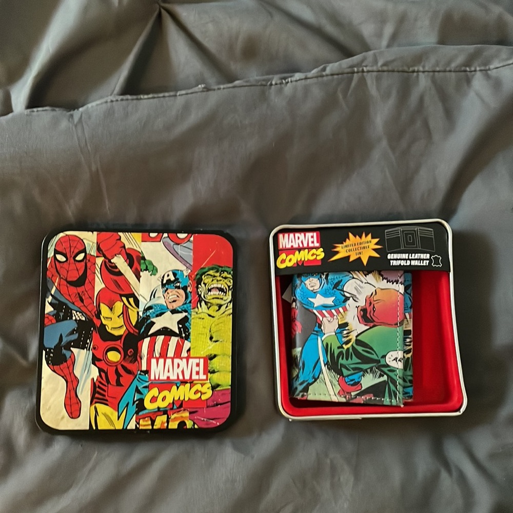 Captain America wallet and metal bin.